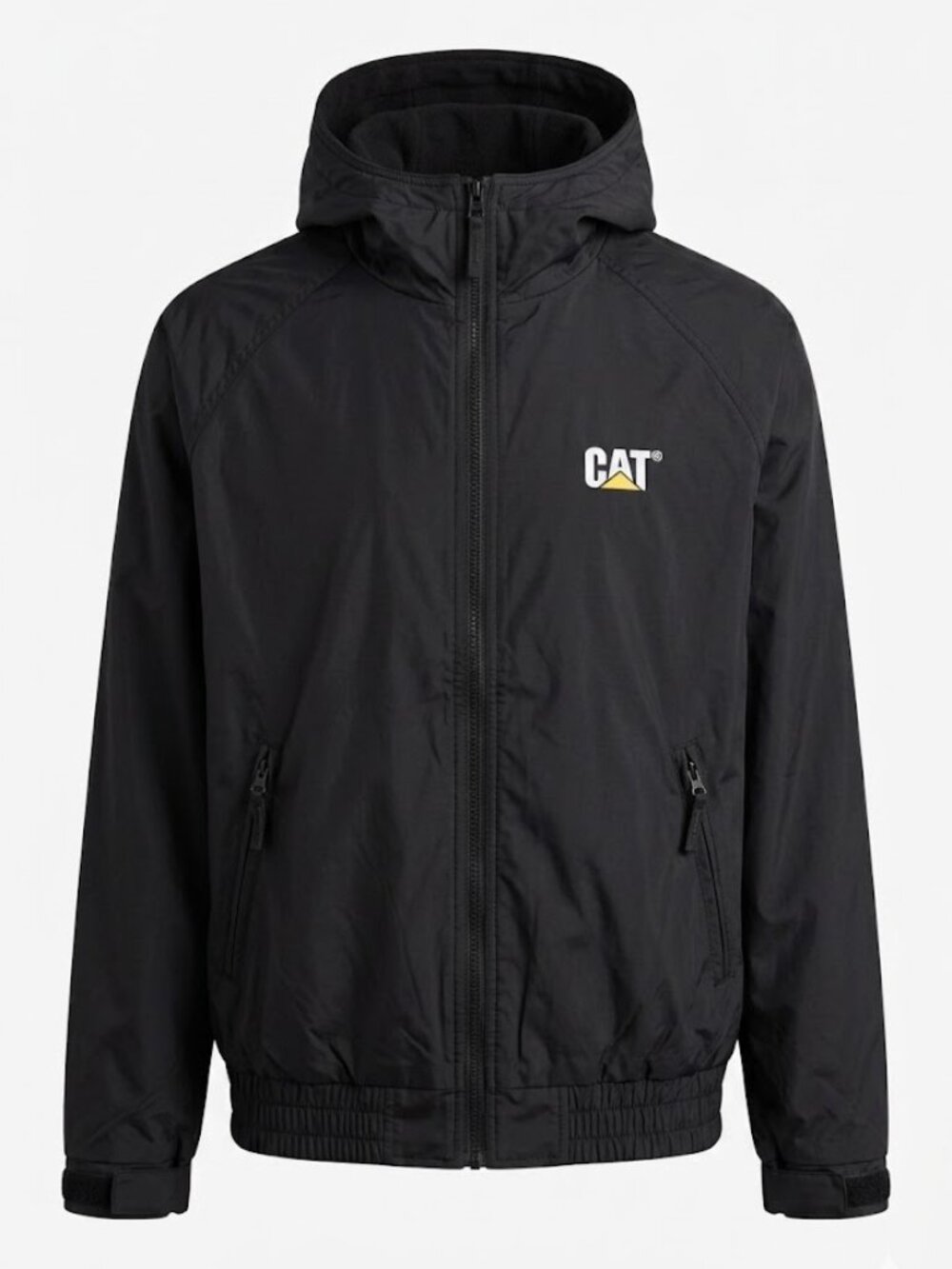 CAT Caterpillar Mens Black Full Zip Nylon Hooded Windbreaker Jacket Size Large